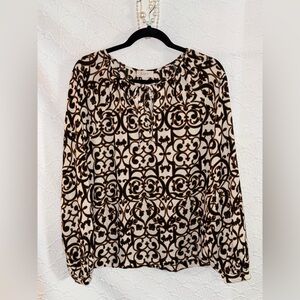 LOFT Beige and Black Patterned Long-Sleeve Blouse